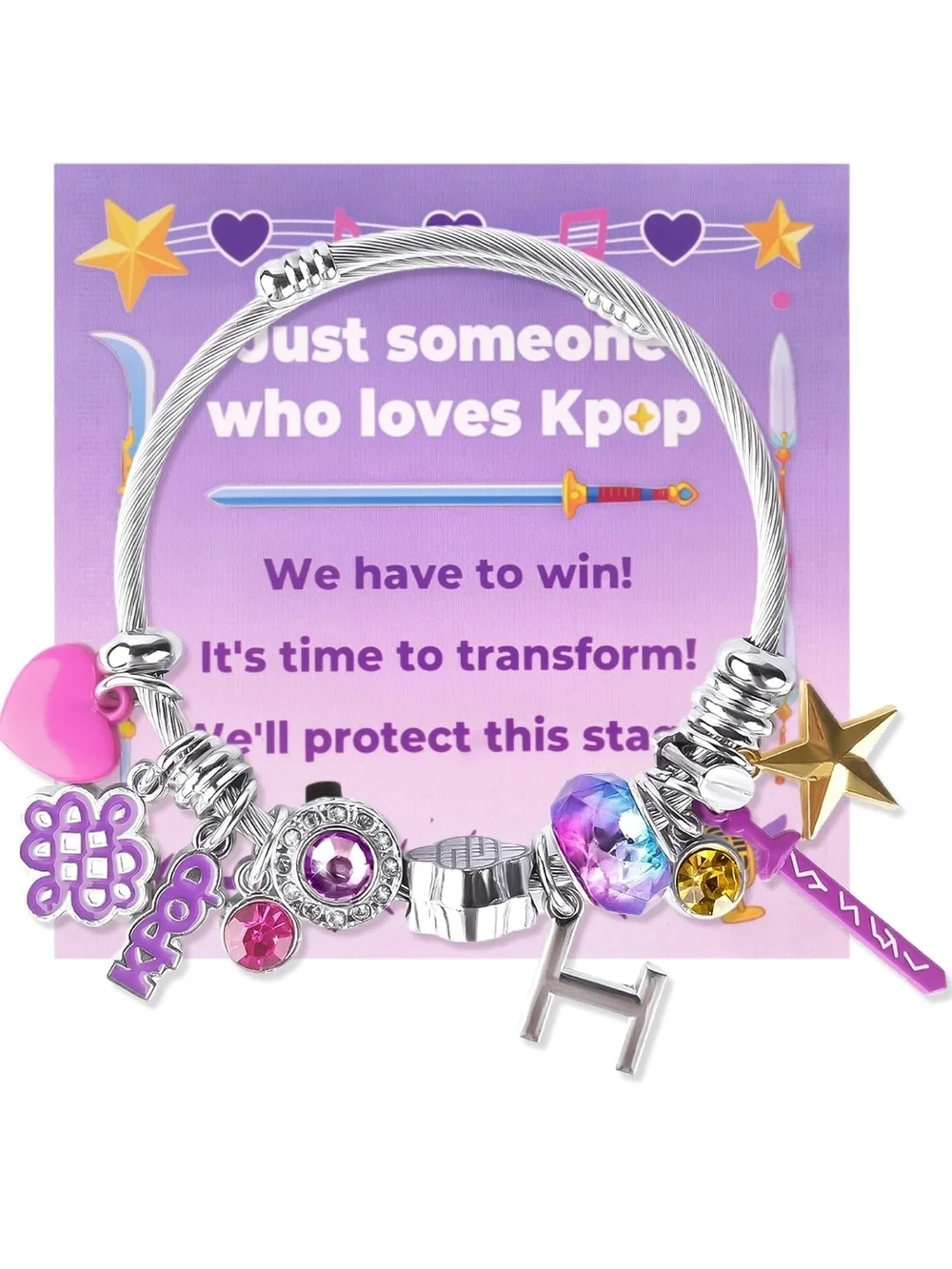 💜K-Pop Demon Hunters Themed Charm Bracelet in Purple Pink Silver